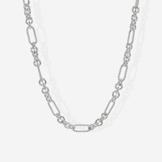 The Soiree chain is a pattern of 5 small circles separating long, twisted oval links.